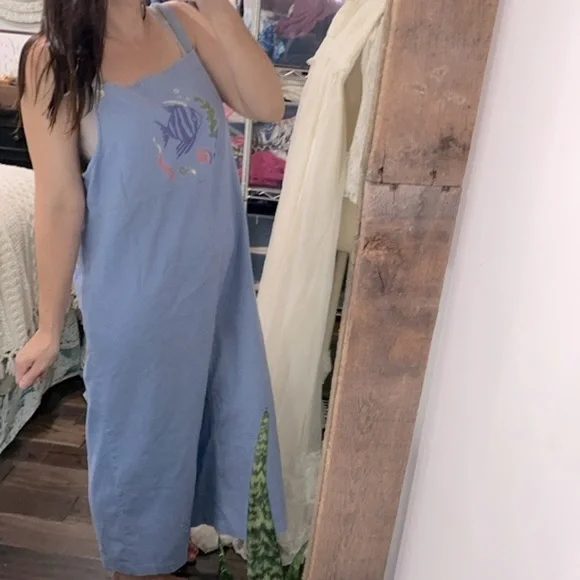 Vintage maxi dress size 16 fish graphic linen cotton blend - Picture 2 of 4